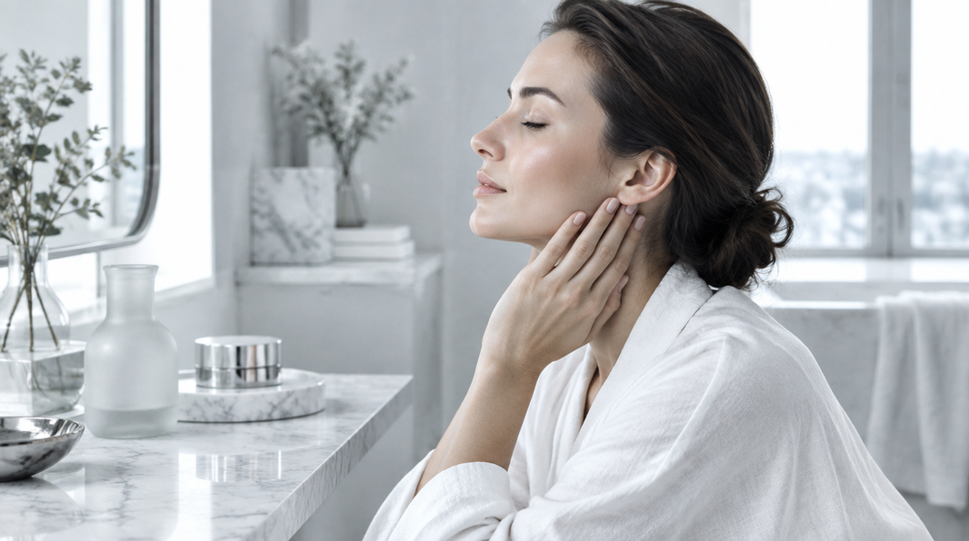 Woman relaxing at a white marble vanity, fingertips resting on her jawline in soft grey daylight