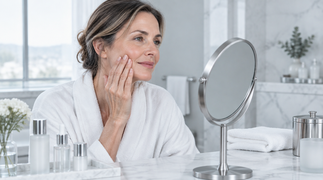 Woman examining smile lines in a chrome-framed mirror at a white marble vanity in soft daylight