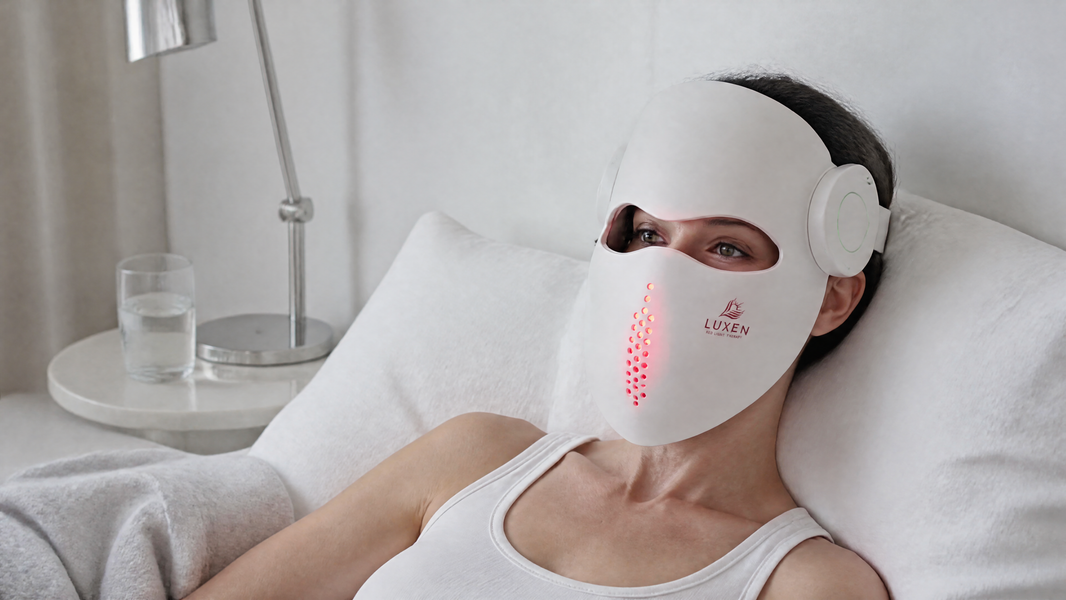 Woman relaxing in a bright pale-grey room wearing the white Luxen Veil red light therapy mask