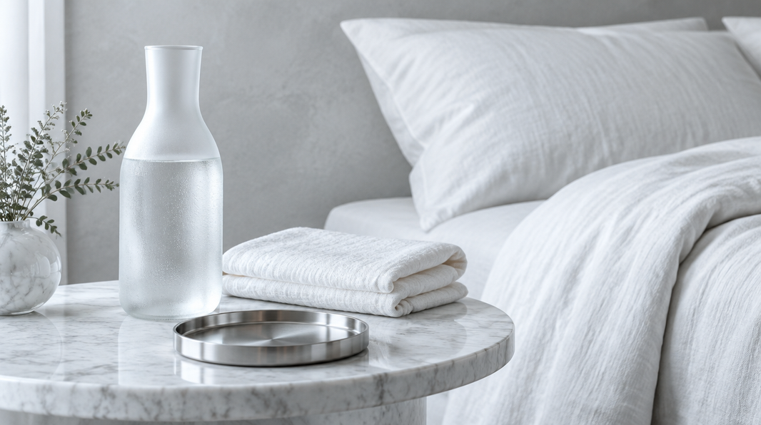 Minimalist pale-grey vanity with marble, chrome and white linen — a calm setting for a consistent red light therapy routine