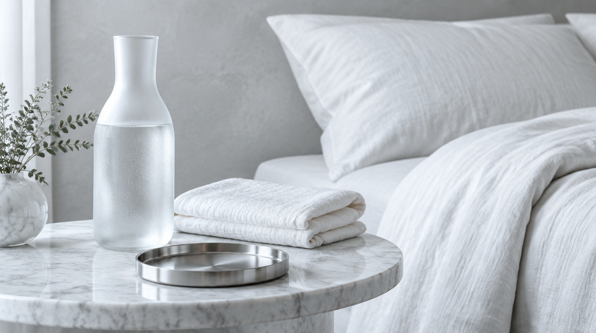 Minimalist pale-grey vanity with marble, chrome and white linen — a calm setting for a consistent red light therapy routine