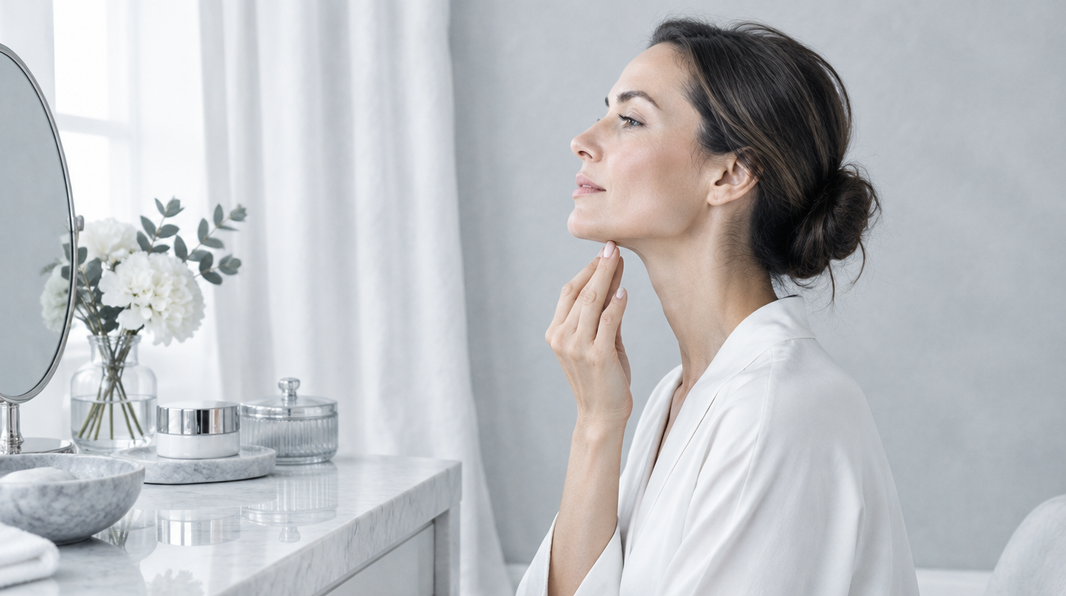 Woman tracing her jawline in profile in a bright pale-grey studio with white marble and chrome accents