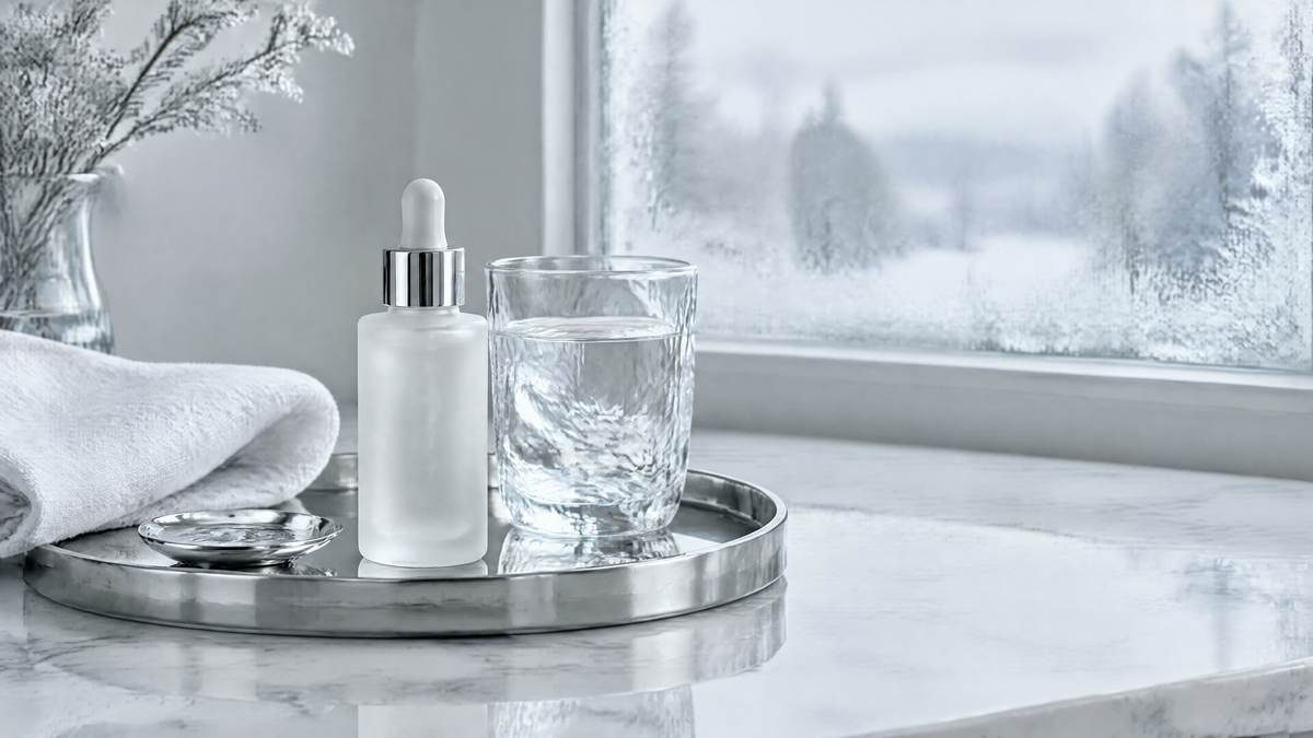 Minimalist winter skincare vanity with frosted serum bottle, water glass and white linen on a marble counter in cool grey daylight