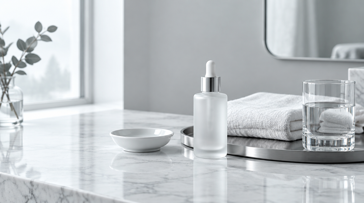 Minimalist skincare still life on a white marble vanity in cool grey daylight — frosted serum bottle, linen towel, and brushed-chrome tray