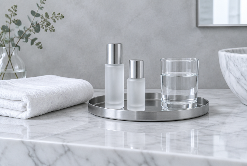 Clean white marble vanity with frosted glass skincare bottles and white linen in soft grey daylight
