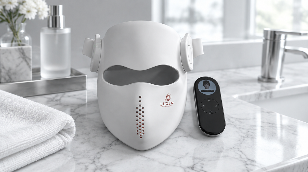 Luxen Veil red light therapy mask on a white marble vanity with chrome accents in soft daylight