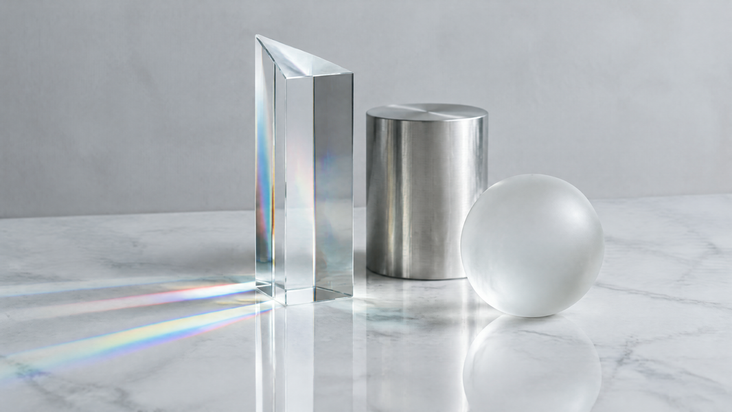 Glass prism refracting subtle bands of colored light across a white marble surface in a pale grey studio