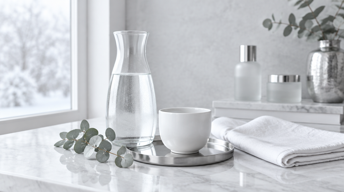 Serene pale-grey studio with soft winter daylight on a white marble table with glass carafe, white linen and chrome accents