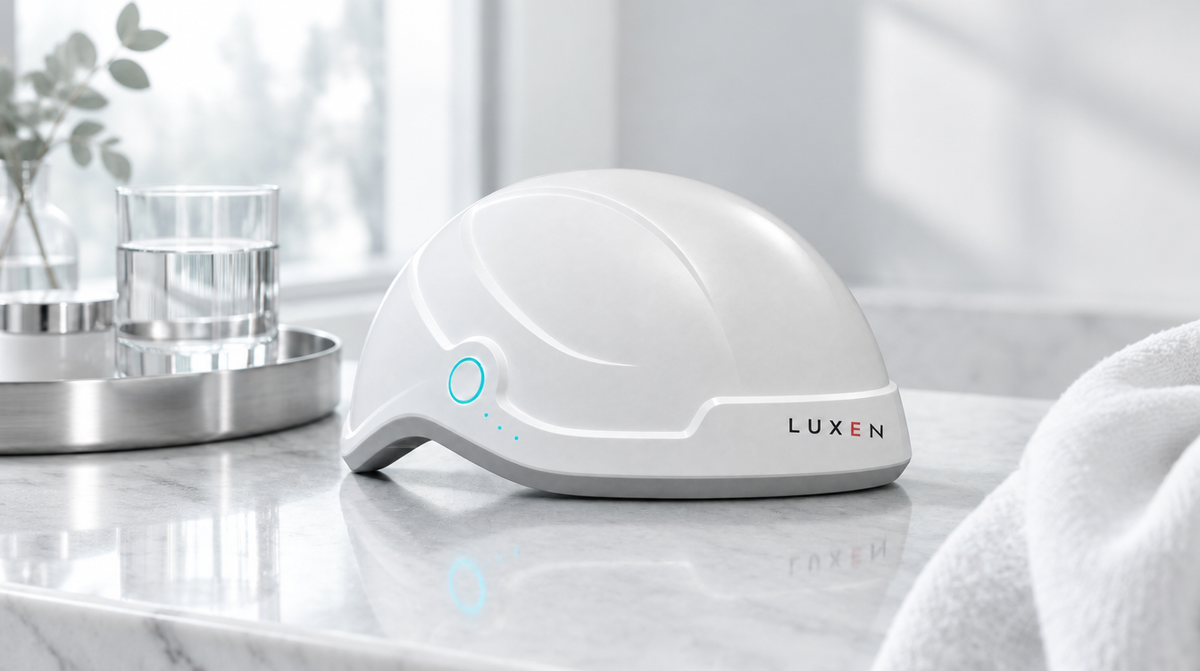 Luxen Laser Cap resting on a white marble vanity in a pale-grey studio with soft daylight