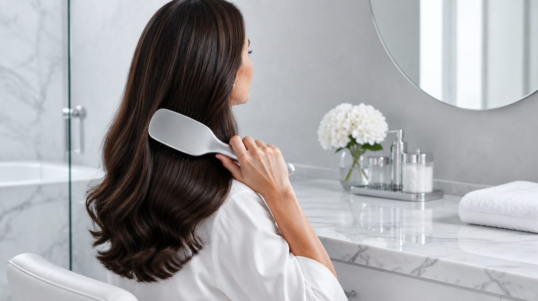 Woman with thick healthy hair brushing it at a white marble vanity in a bright grey studio