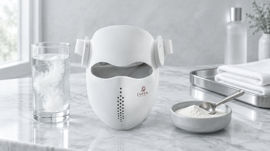 White Luxen Veil laser mask resting on a white marble vanity beside a glass of water with dissolving collagen powder, in a pale-grey studio with soft daylight
