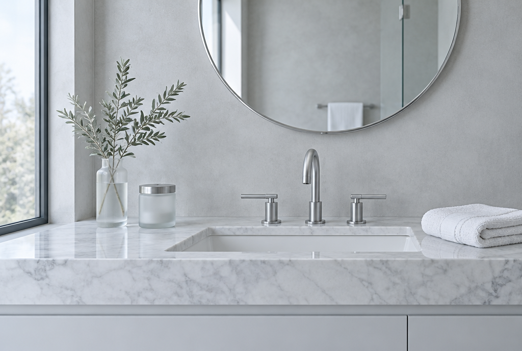 Minimalist pale-grey bathroom vanity with white marble, chrome mirror and folded linen in soft daylight