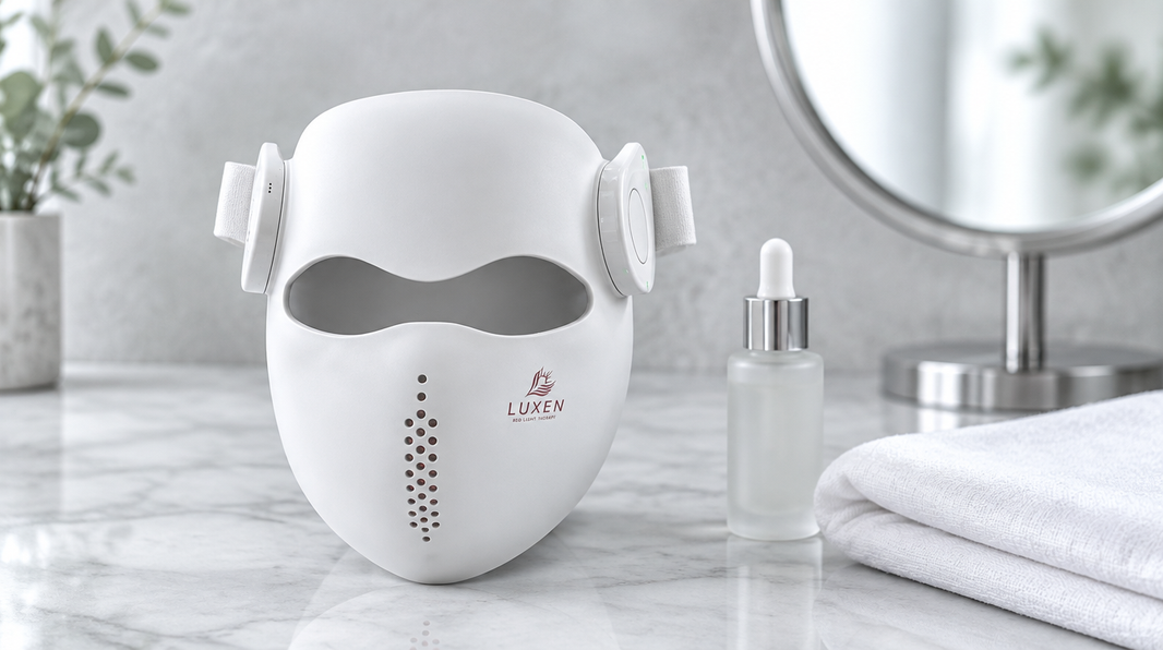 White Luxen Veil laser mask resting on a white marble vanity beside a frosted glass serum bottle and folded linen, in soft grey daylight