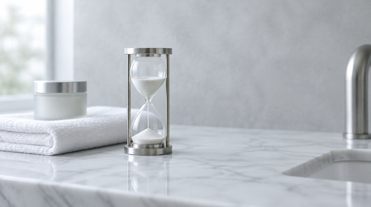 Brushed-chrome hourglass on a white marble vanity in soft grey daylight, symbolizing red light therapy session timing