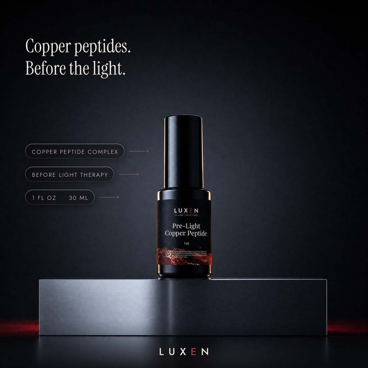 PRE-LIGHT features - copper peptide complex, before light therapy, 1 fl oz / 30 ml