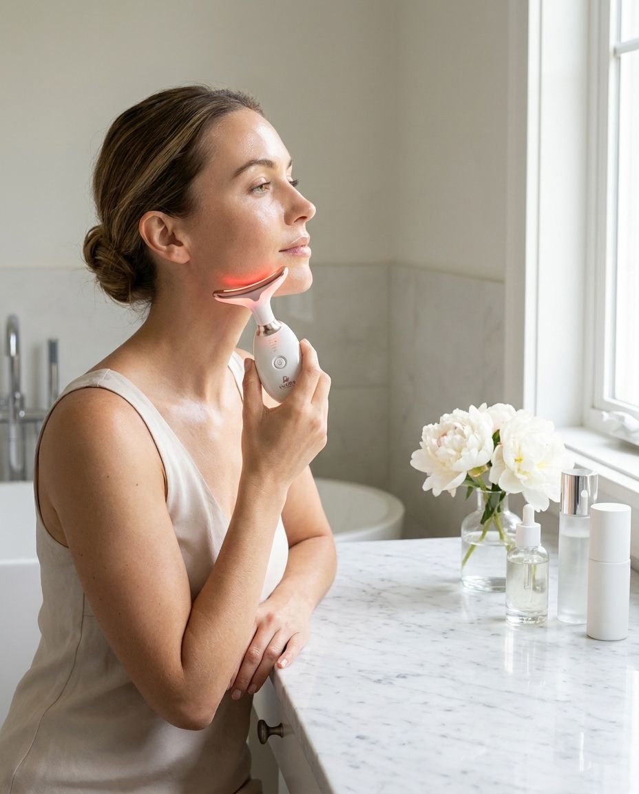 Woman using the wand in a bright bathroom