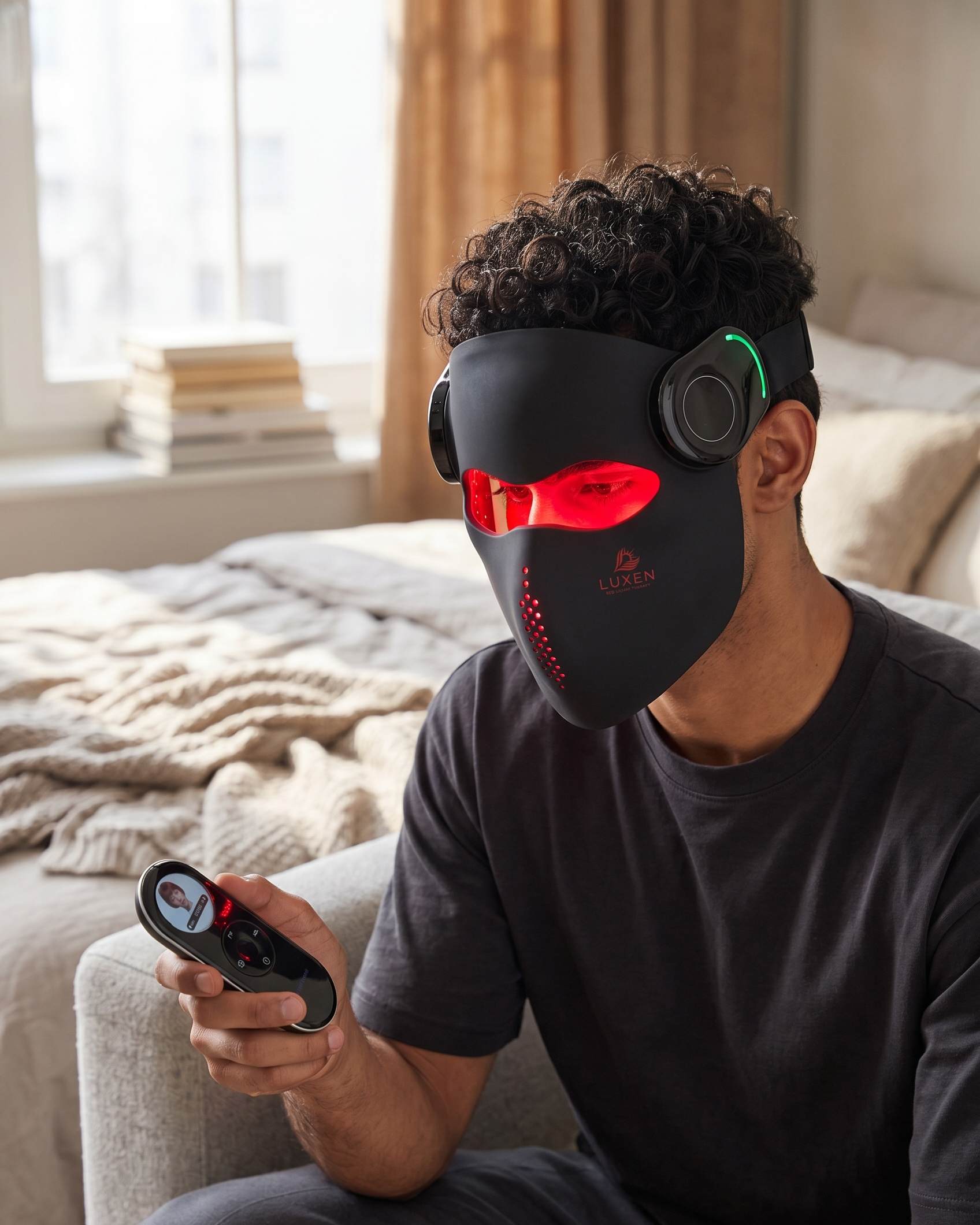 Man at home wearing the black Luxen Veil laser mask glowing red while holding the wireless controller
