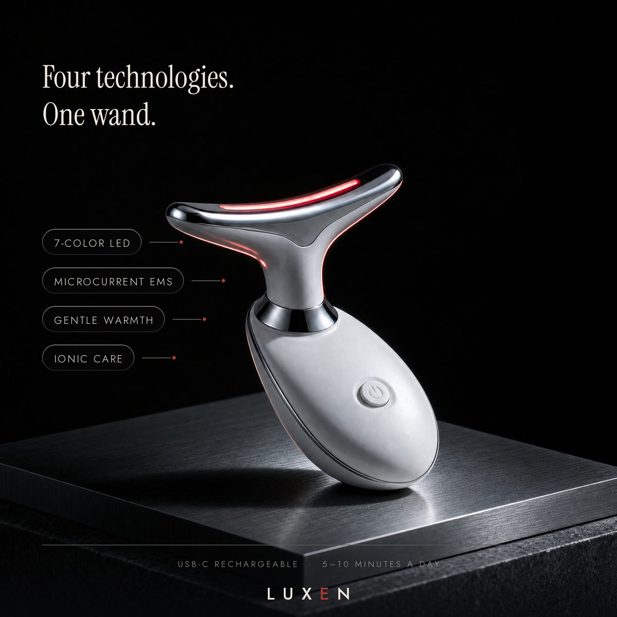 Sculpt & Glow Wand features - 7-color LED, microcurrent EMS, gentle warmth, ionic care