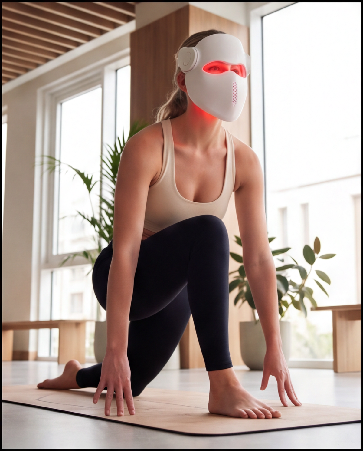 Woman in a low lunge yoga pose wearing the white Luxen Veil laser mask in a sunlit studio