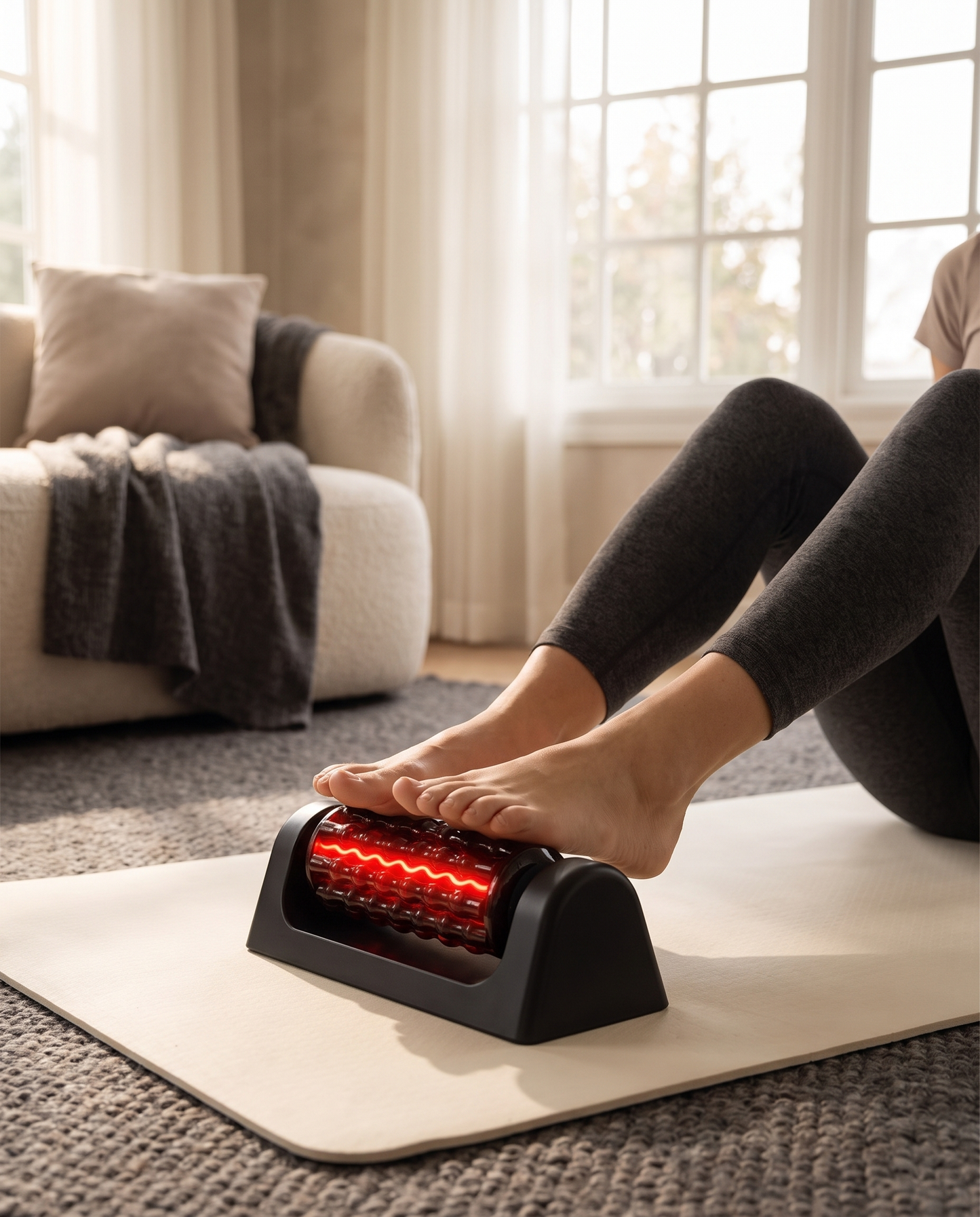 Luxen Roller Pro in the hands-free base — feet massage on a yoga mat at home