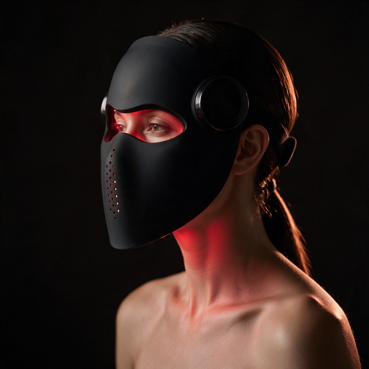 Woman wearing the Luxen Veil laser mask glowing red — editorial profile portrait
