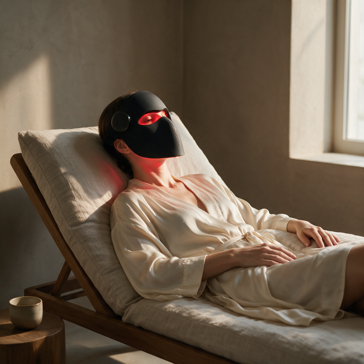 Woman relaxing at home wearing the Luxen Veil laser mask glowing red