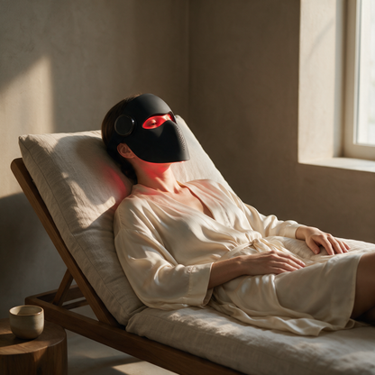 Woman relaxing at home wearing the Luxen Veil laser mask glowing red