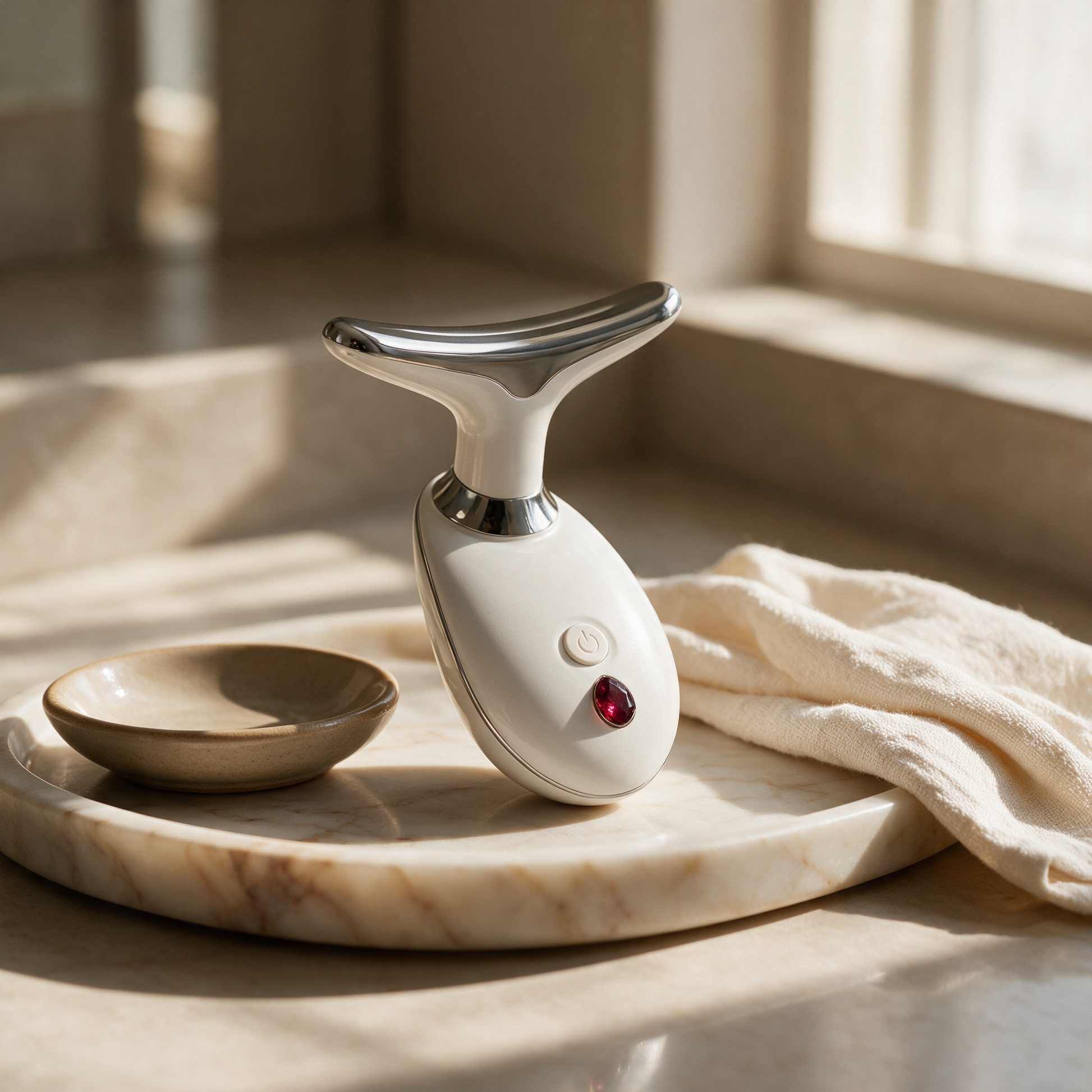 Luxen Sculpt & Glow Wand on a marble vanity tray in morning light