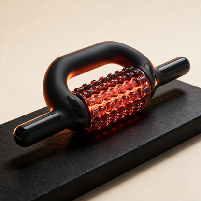 Luxen Roller Pro — premium studio packshot with red light glow on black stone