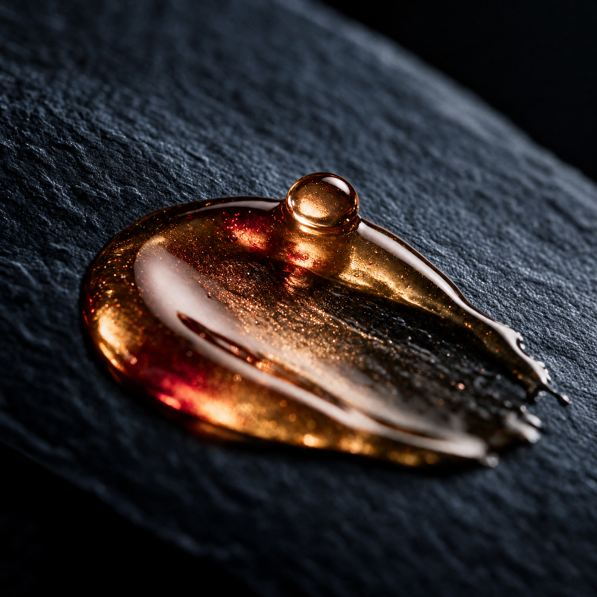 Copper-toned serum texture of PRE-LIGHT Copper Peptide Serum on cool dark slate
