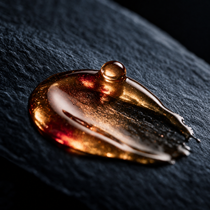 Copper-toned serum texture of PRE-LIGHT Copper Peptide Serum on cool dark slate