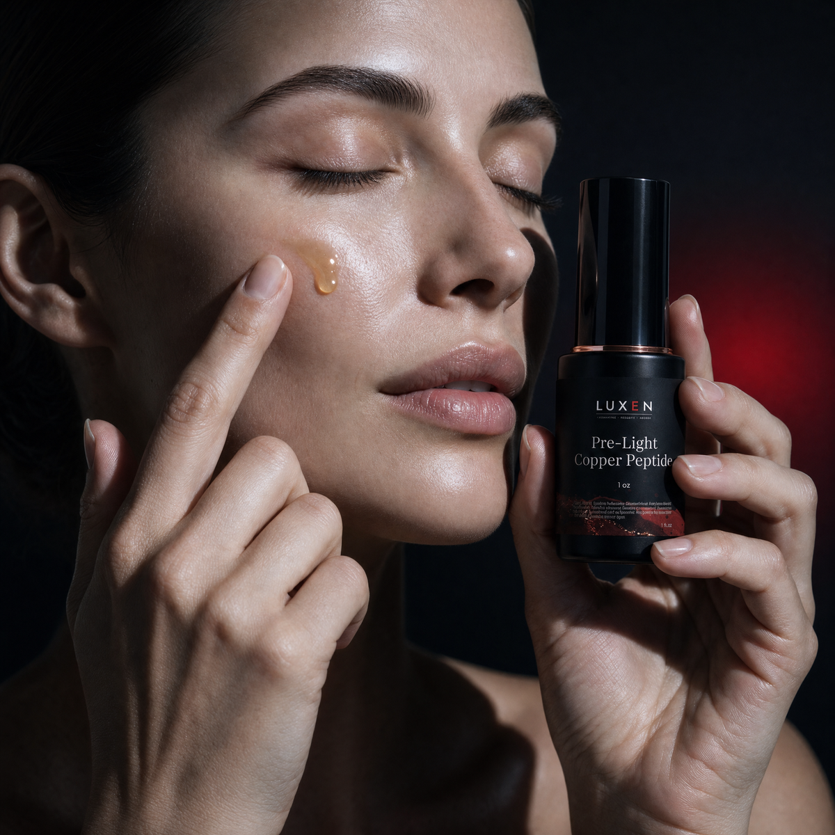 Applying PRE-LIGHT Copper Peptide Serum before red light therapy