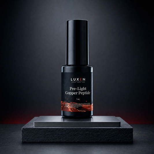 PRE-LIGHT Copper Peptide Serum on a brushed-steel plinth in a dark studio
