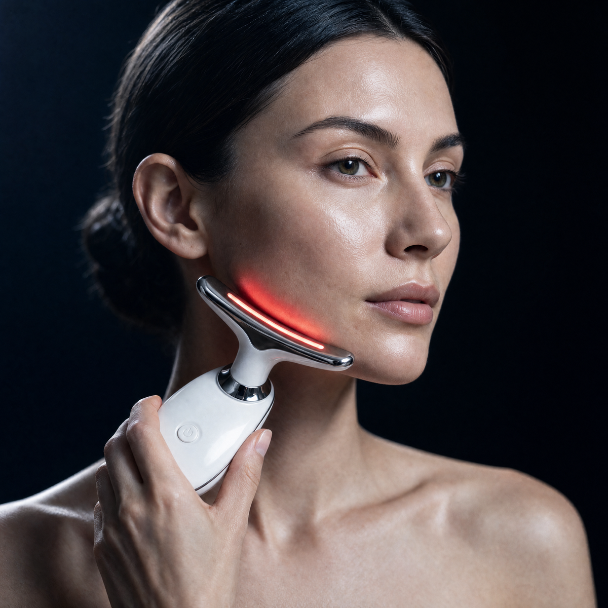 Woman sculpting her jawline and neck with the Luxen Sculpt & Glow Wand