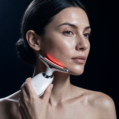 Woman sculpting her jawline and neck with the Luxen Sculpt & Glow Wand