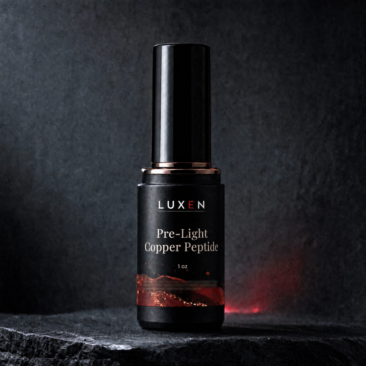 PRE-LIGHT Copper Peptide Serum bottle close-up on dark stone