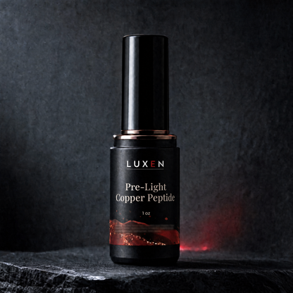 PRE-LIGHT Copper Peptide Serum bottle close-up on dark stone