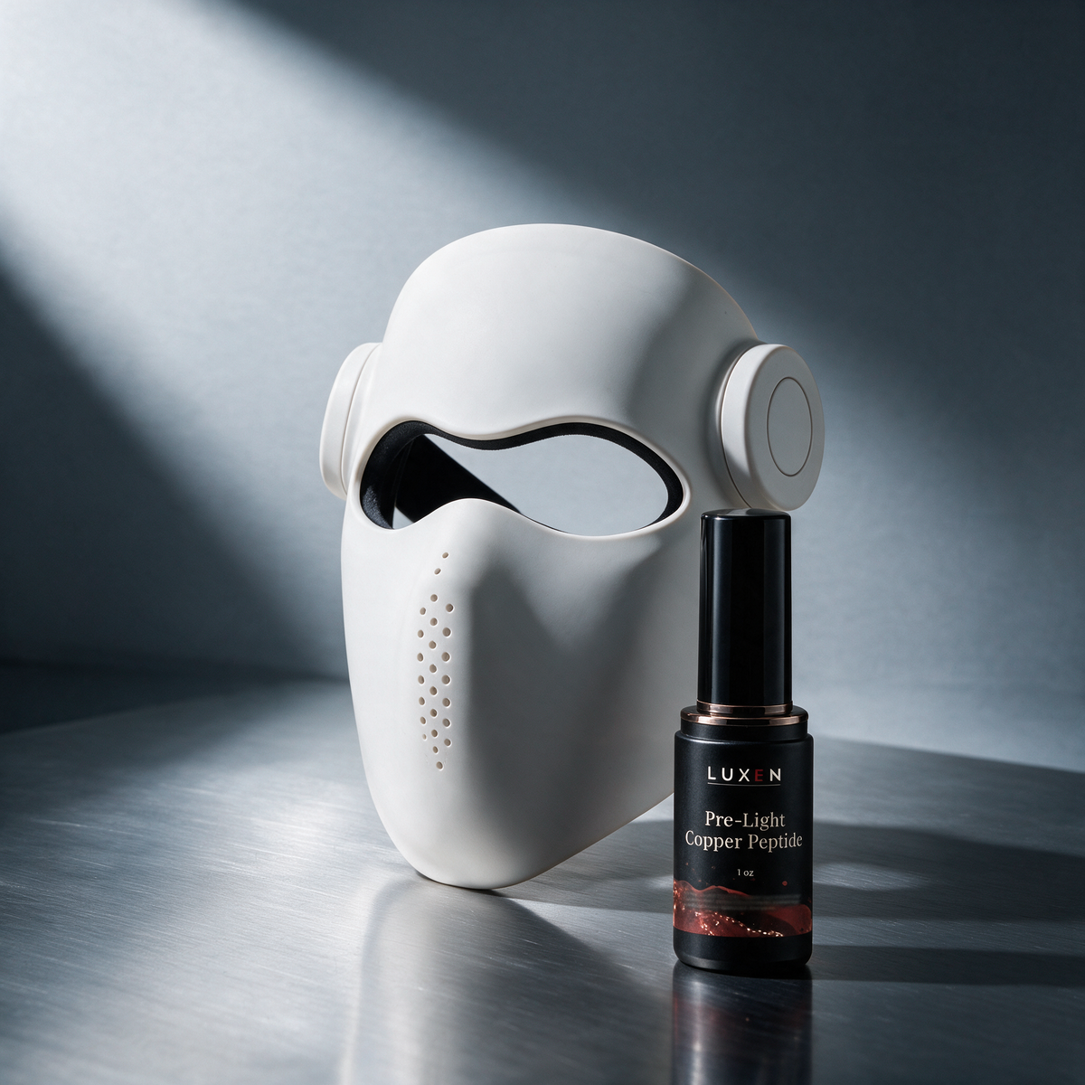 Luxen Ritual Set: white Veil light therapy mask with Pre-Light Copper Peptide Serum