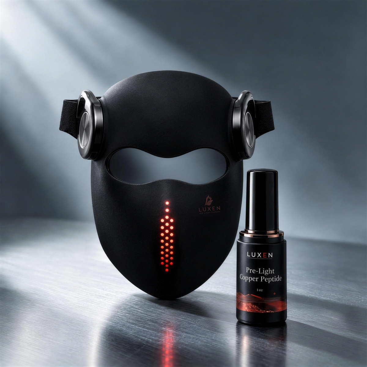 Luxen Ritual Set: black Veil light therapy mask with Pre-Light Copper Peptide Serum
