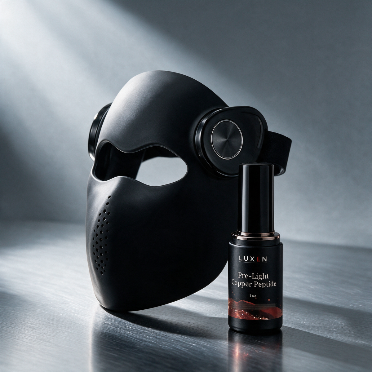 Luxen Ritual Set: black Veil light therapy mask with Pre-Light Copper Peptide Serum