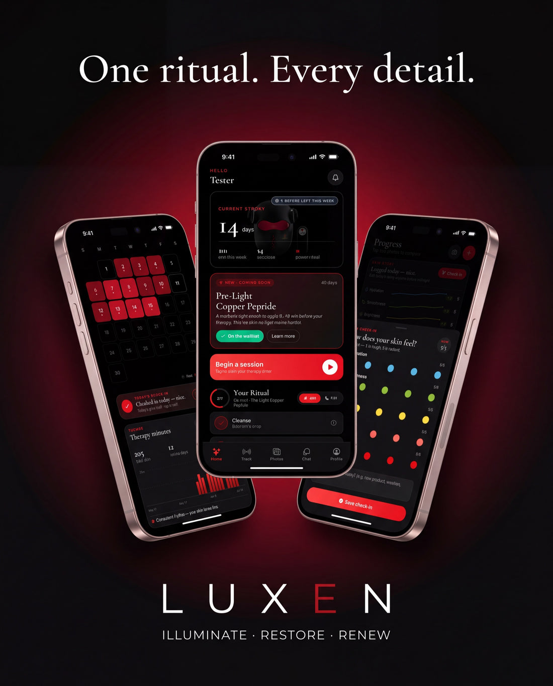 Luxen RedLight app on three iPhones — session tracking, streaks, and skin check-ins