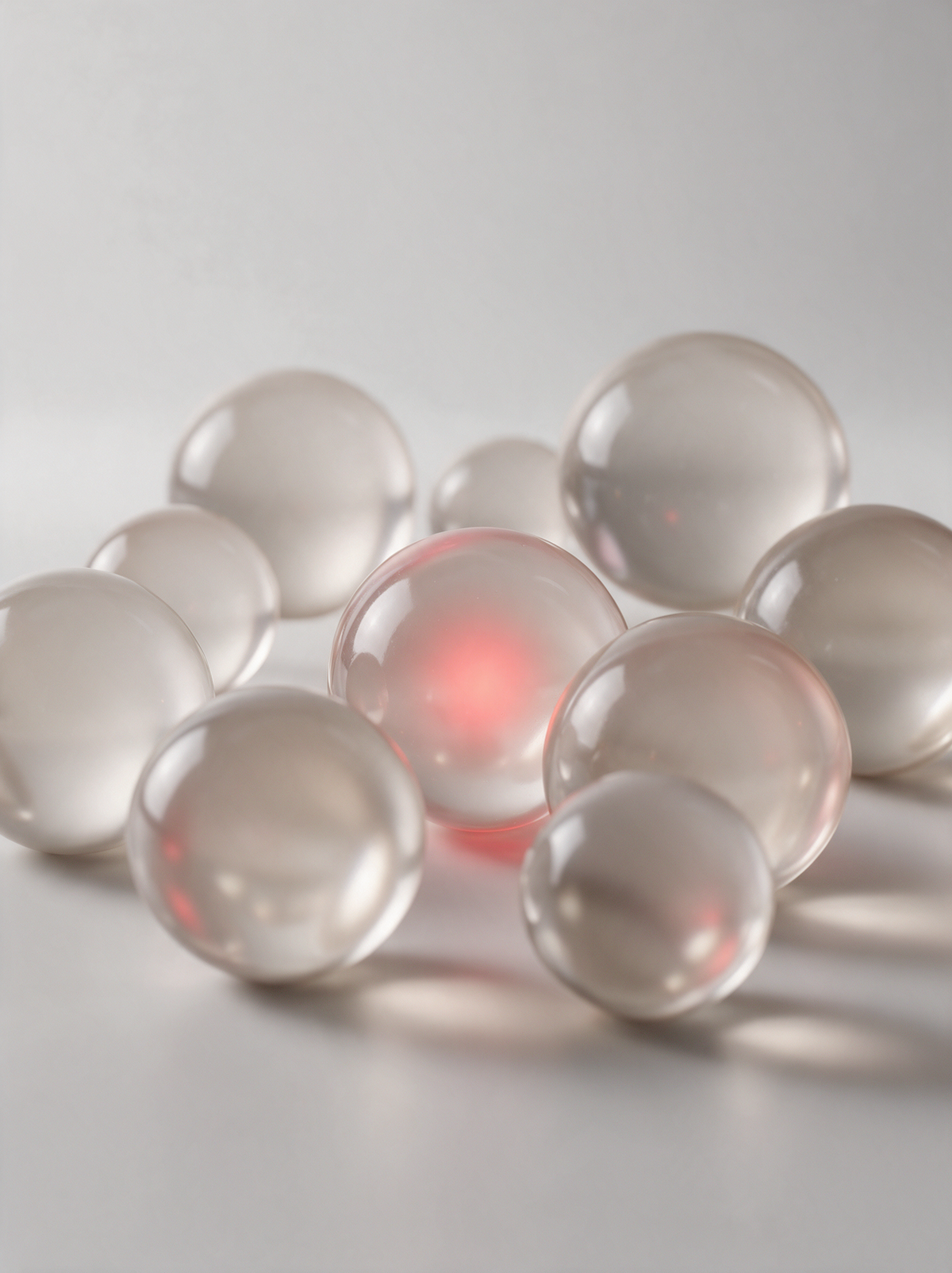 Translucent spheres with a soft red glow, an abstract illustration of cells absorbing light