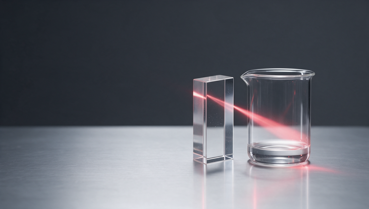 Red light beam passing through glass on a graphite studio surface