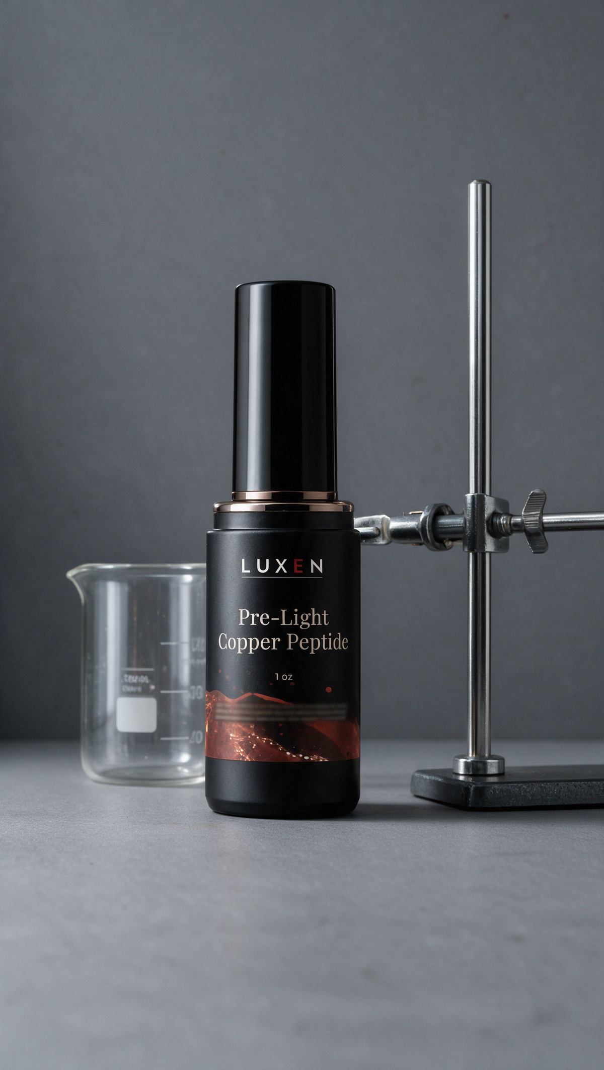 Pre-Light serum beside a glass beaker, gray studio still life