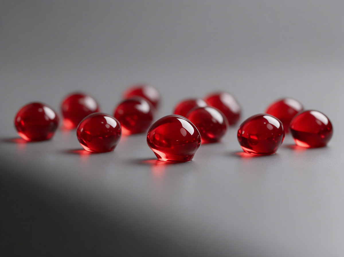 Red glass droplets representing 665 nm red light