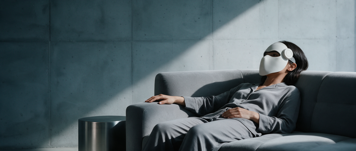 Woman reclining on a gray sofa wearing the white Luxen Veil mask