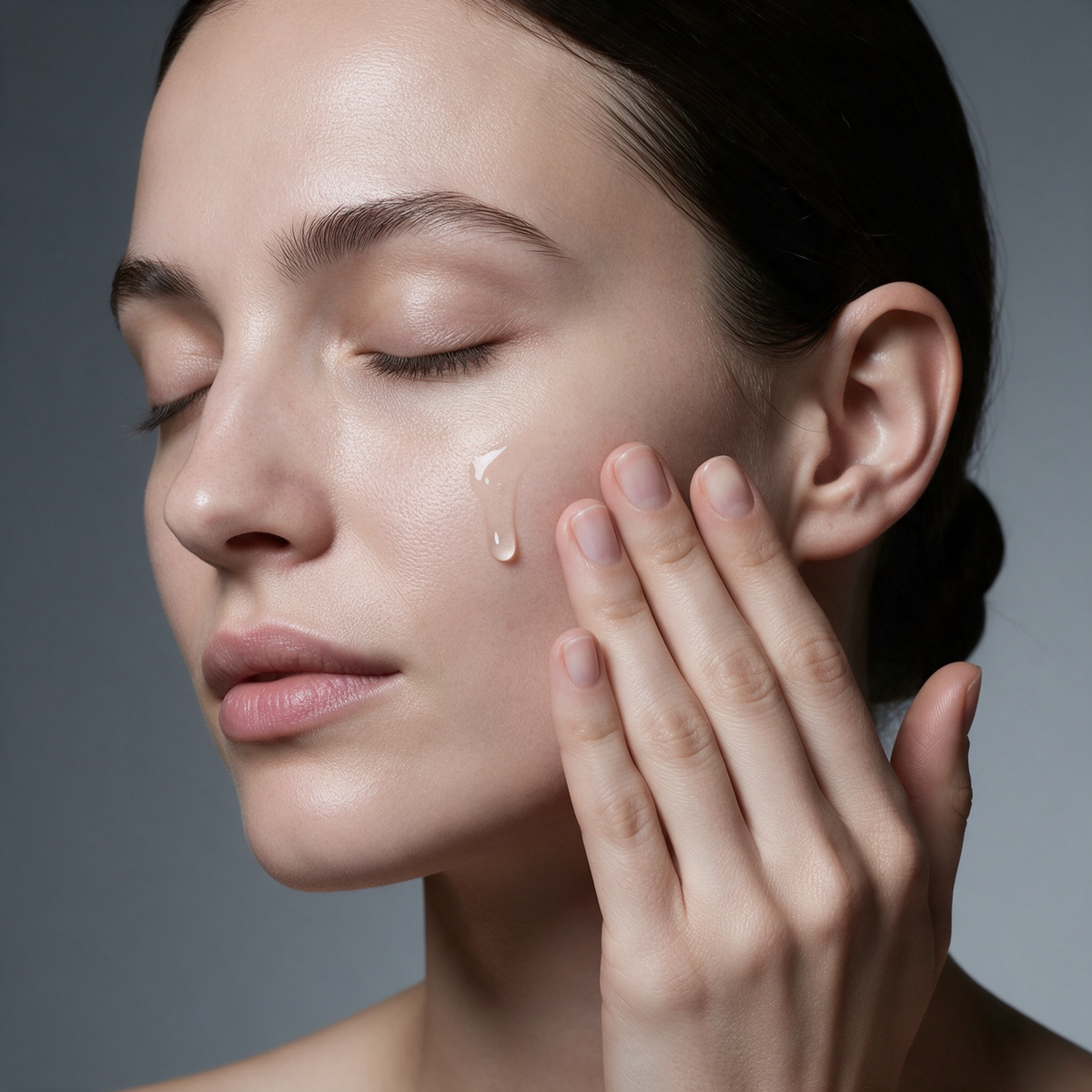 Woman applying serum to her cheek