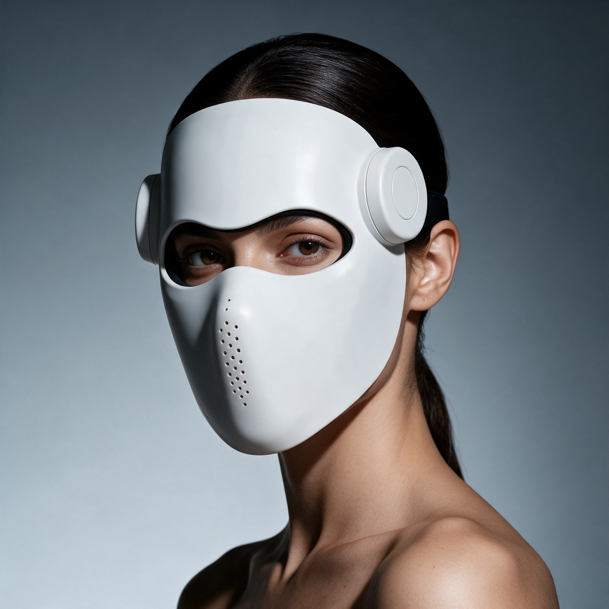 Woman wearing the white Luxen Veil mask against steel gray