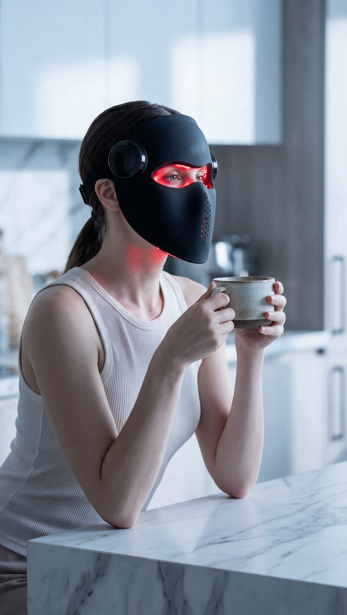 Woman wearing the black Luxen Veil while making coffee