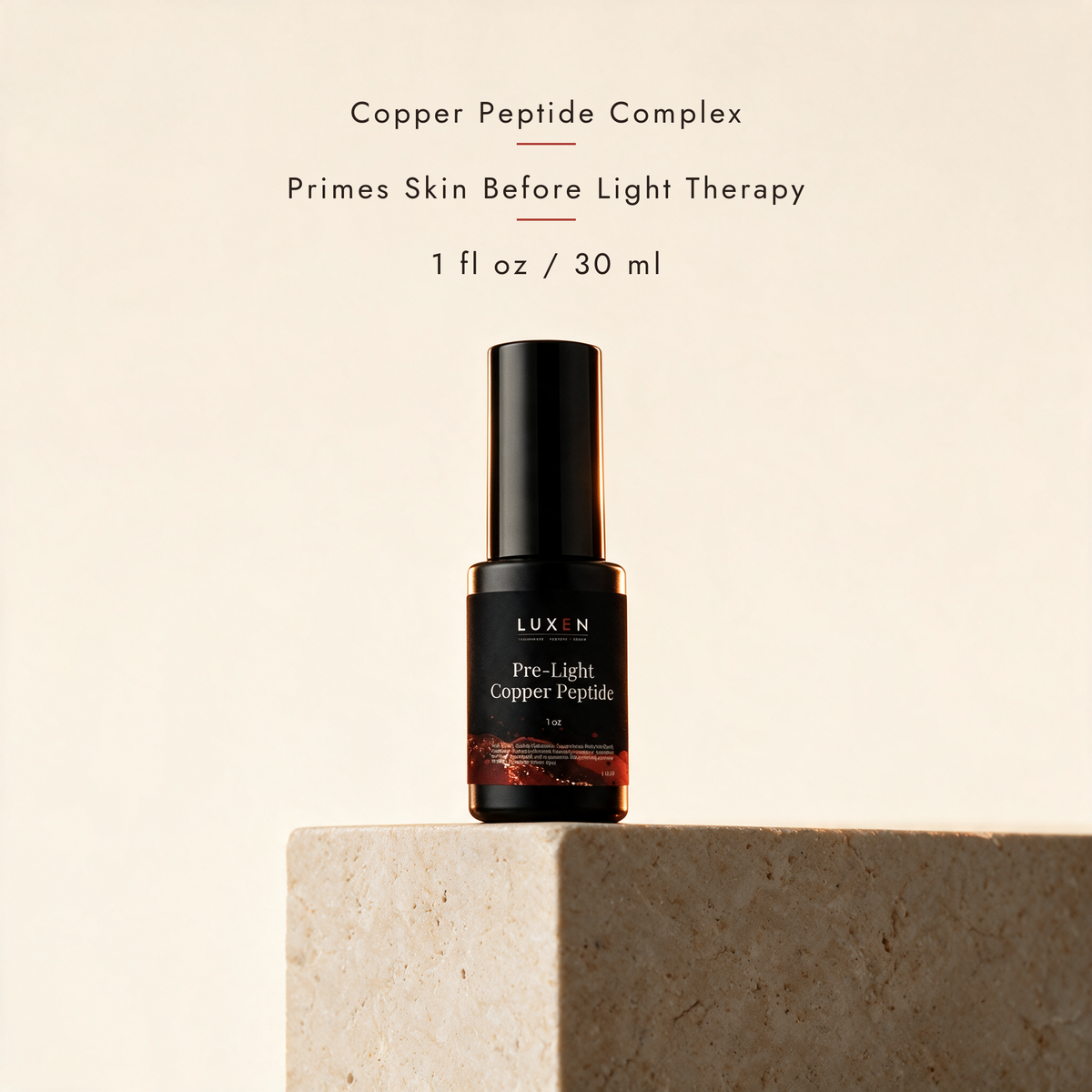 PRE-LIGHT features — copper peptide complex, primes skin before light therapy, 1 fl oz / 30 ml